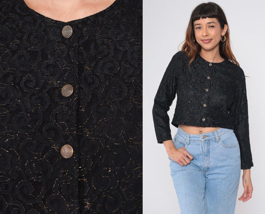 90s Black Lace Crop Top Blouse Indian Embroidery Gold Thread Button Front Small