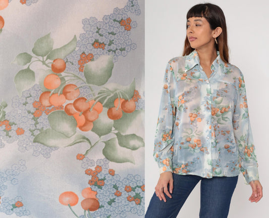 70s Berry Blouse Sheer Blue Orange Watercolor Floral Button Up Long Sleeve Large L
