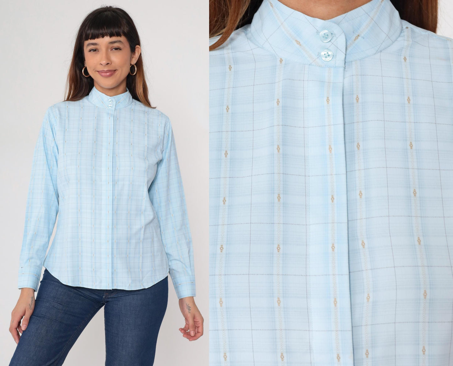 80s Royal Highness Powder Blue Mandarin Collar Blouse Windowpane Check Large