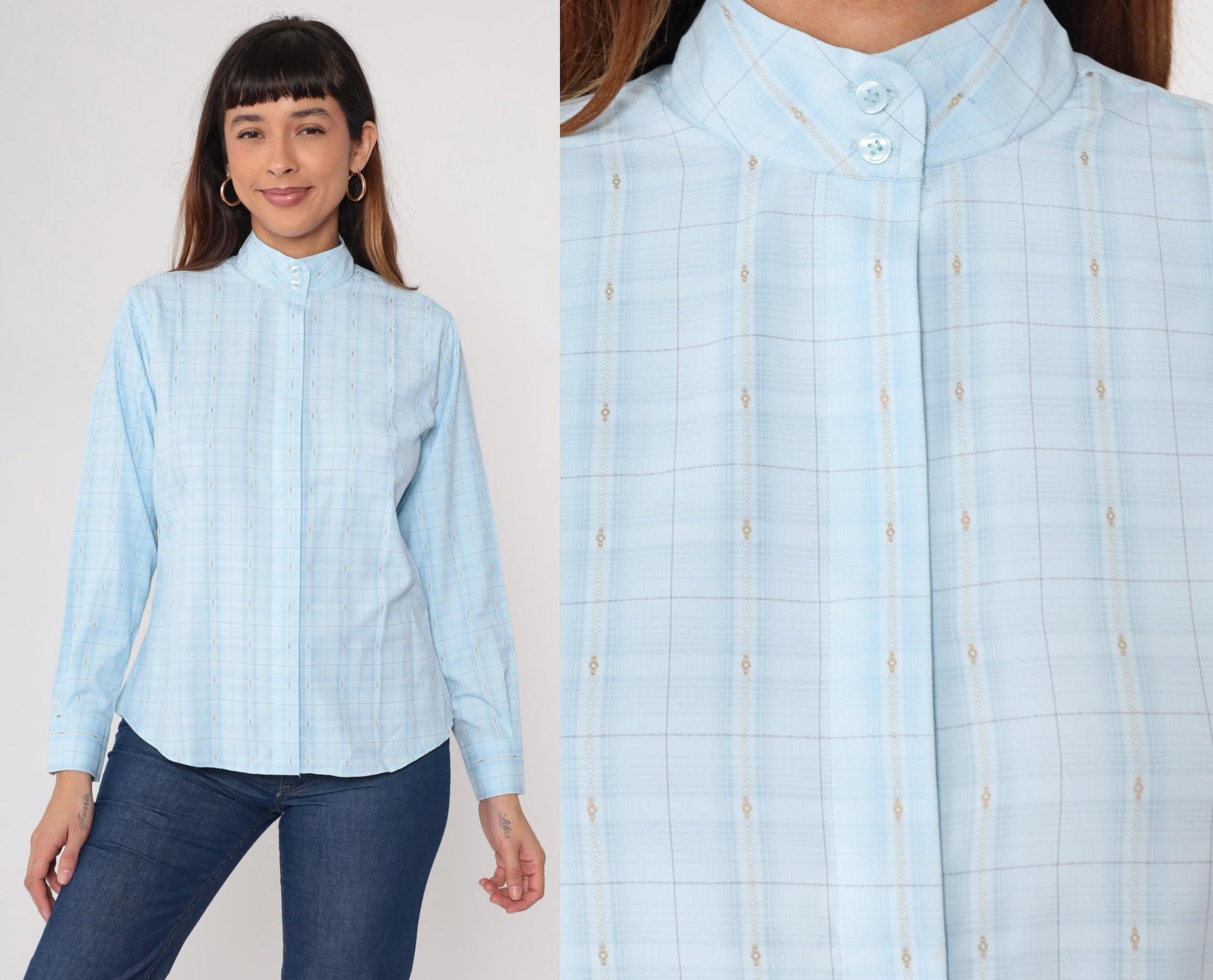 80s Royal Highness Powder Blue Mandarin Collar Blouse Windowpane Check Large