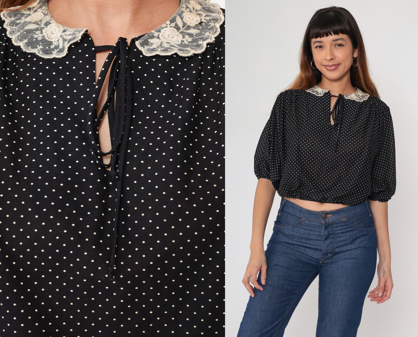 70s Black White Polka Dot Puff Sleeve Blouse Peter Pan Lace Collar Small