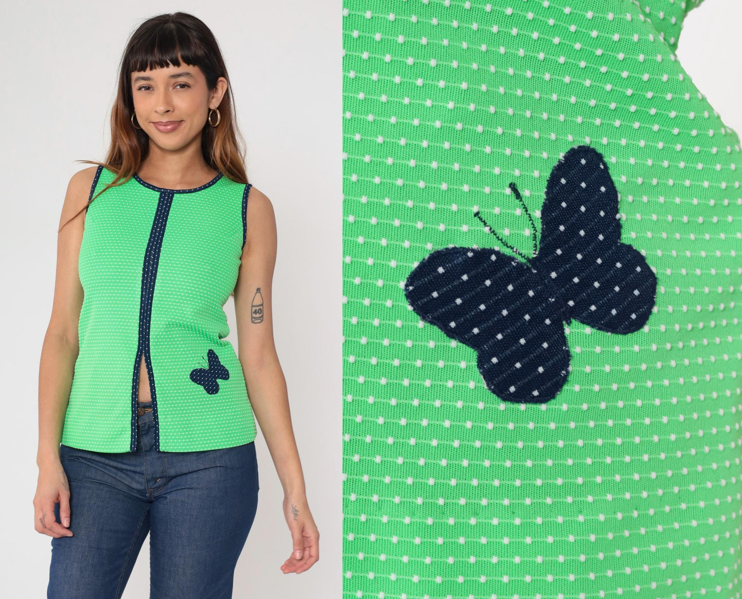 70s Green Butterfly Sleeveless Tank Top Polka Dot Knit Navy Trim Extra Small XS