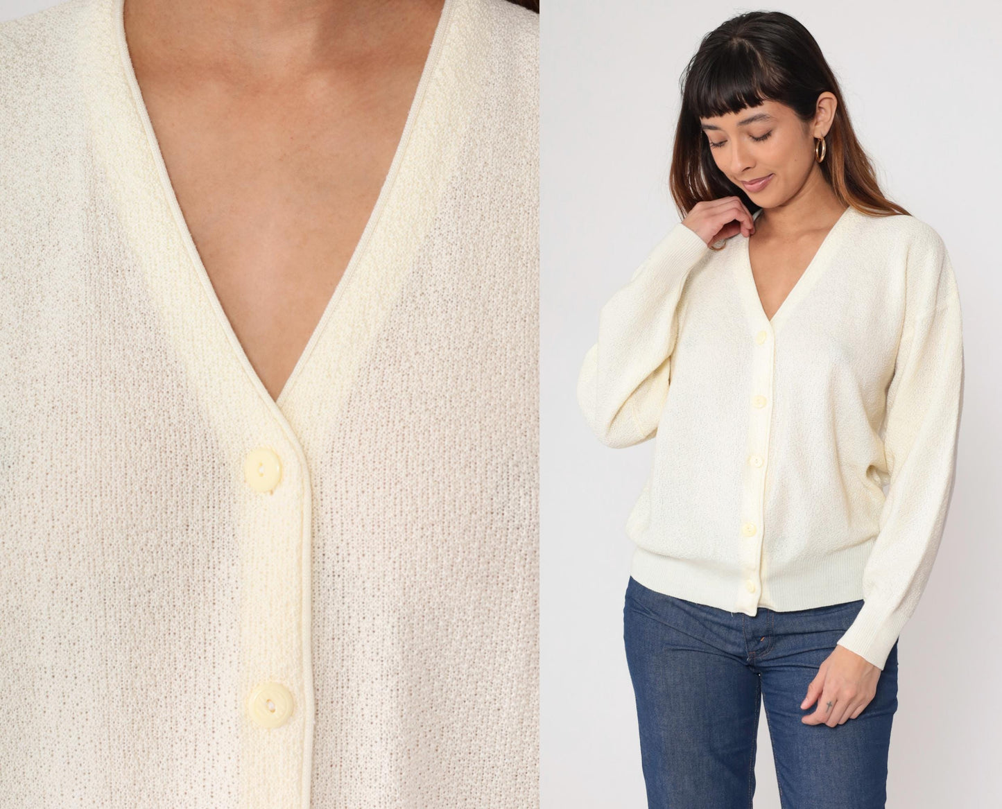 70s Cream Cardigan Button Front V Neck Long Sleeve Knit Medium Large