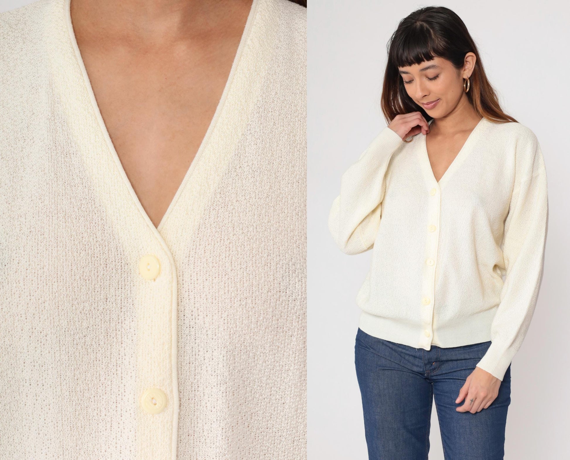 70s Cream Cardigan Button Front V Neck Long Sleeve Knit Medium Large