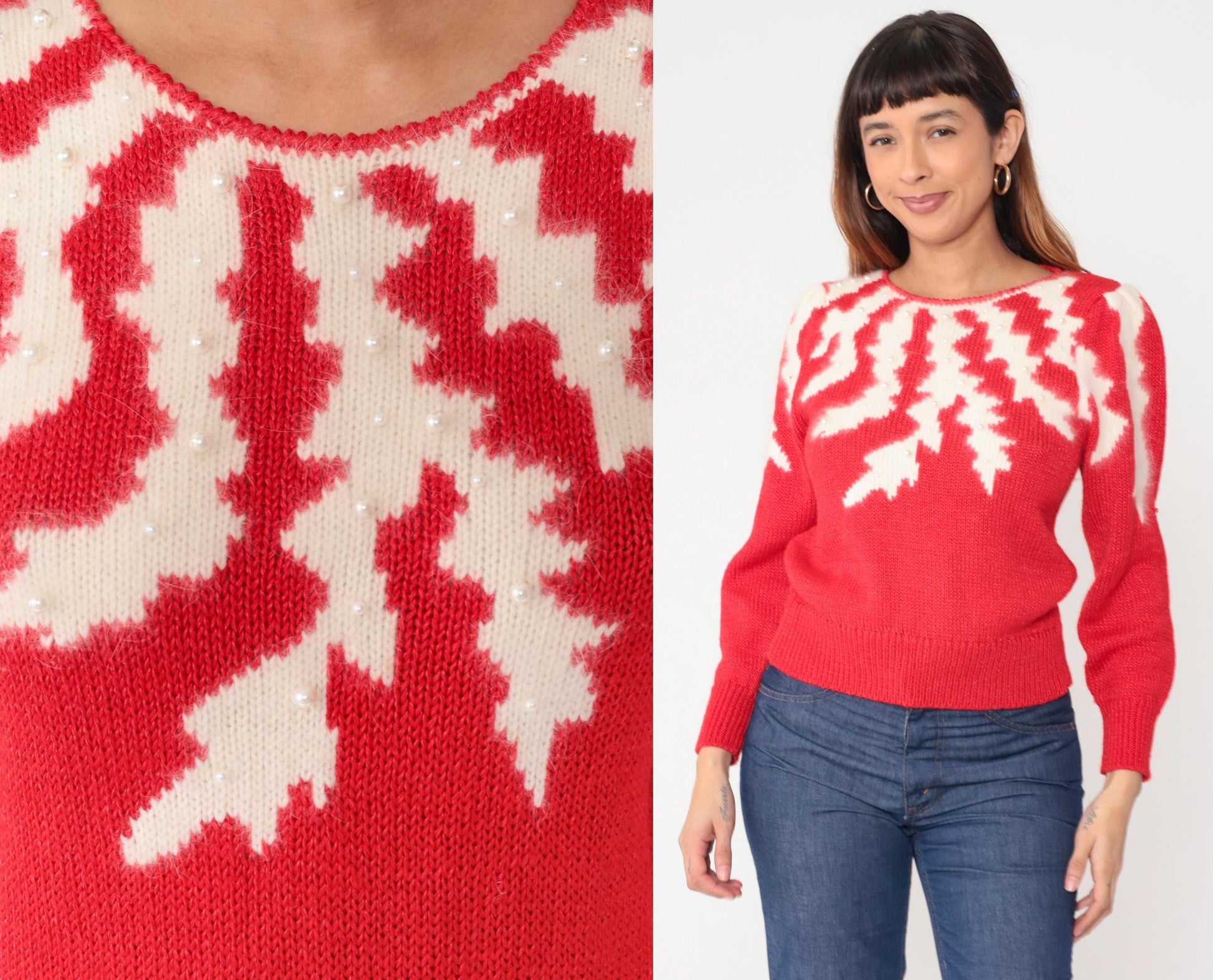 80s Petite Illustrations Red Knit Sweater Pearl Snowflake Puff Shoulder Small