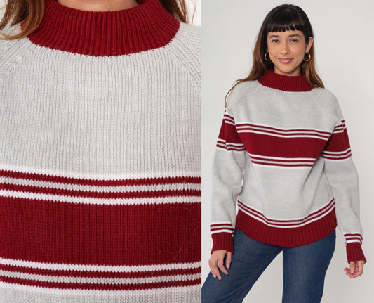 70s Craig Noble Mock Neck Sweater Red Grey Stripe Knit Medium