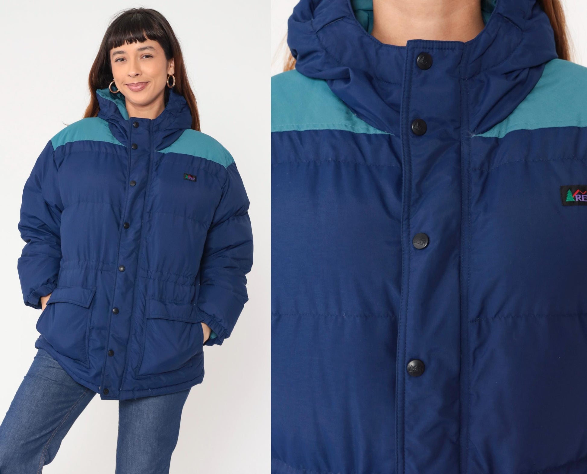 Y2K REI Goose Down Puffer Jacket Navy Teal Colorblock Hooded Extra Large XL