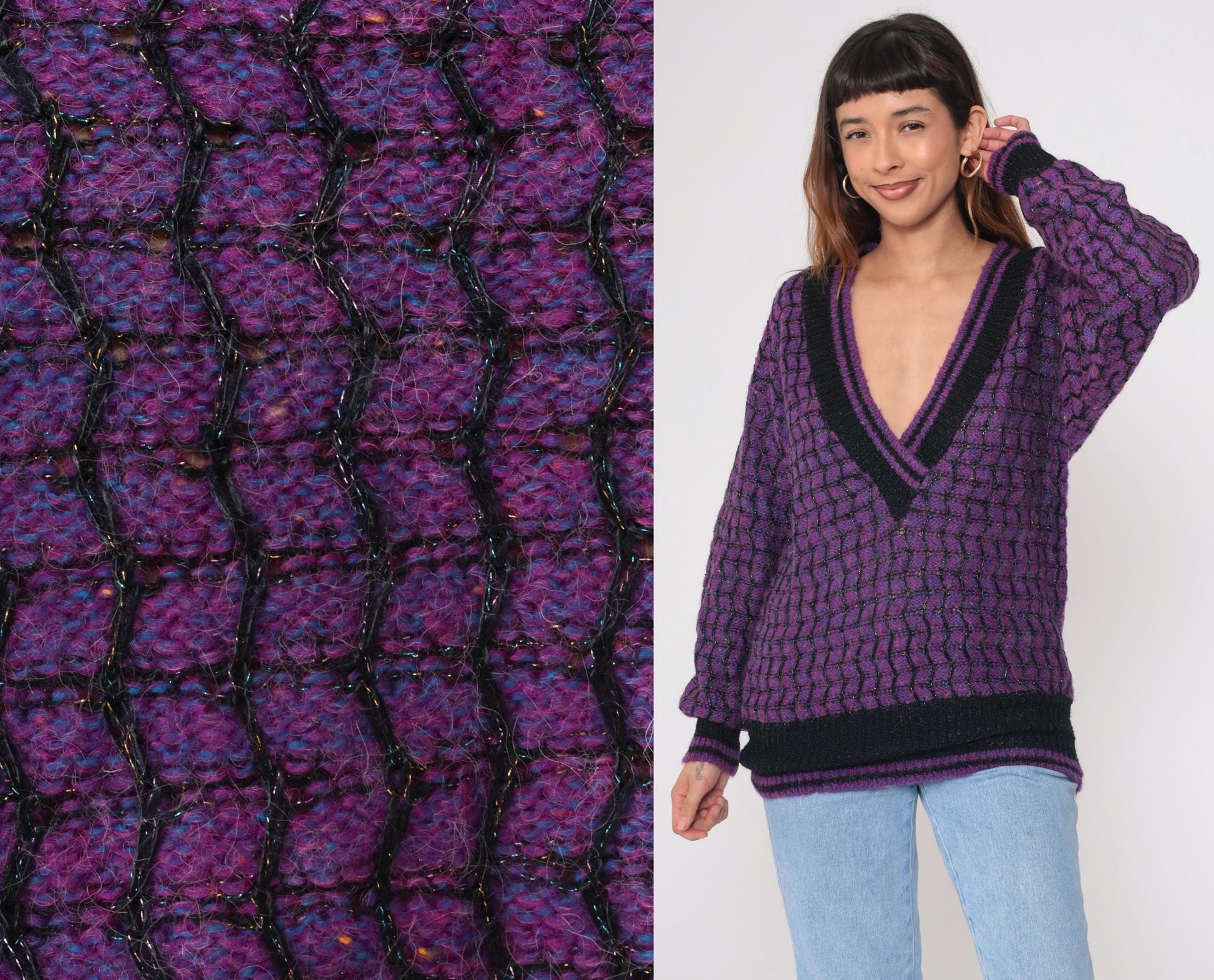 90s Max Bradley Purple Black Deep V Sweater Metallic Knit Large L