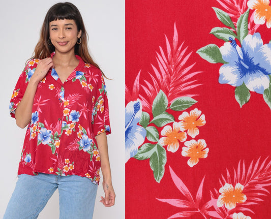 90s Red Tropical Floral Hawaiian Shirt Button-Up Rayon Blouse XL