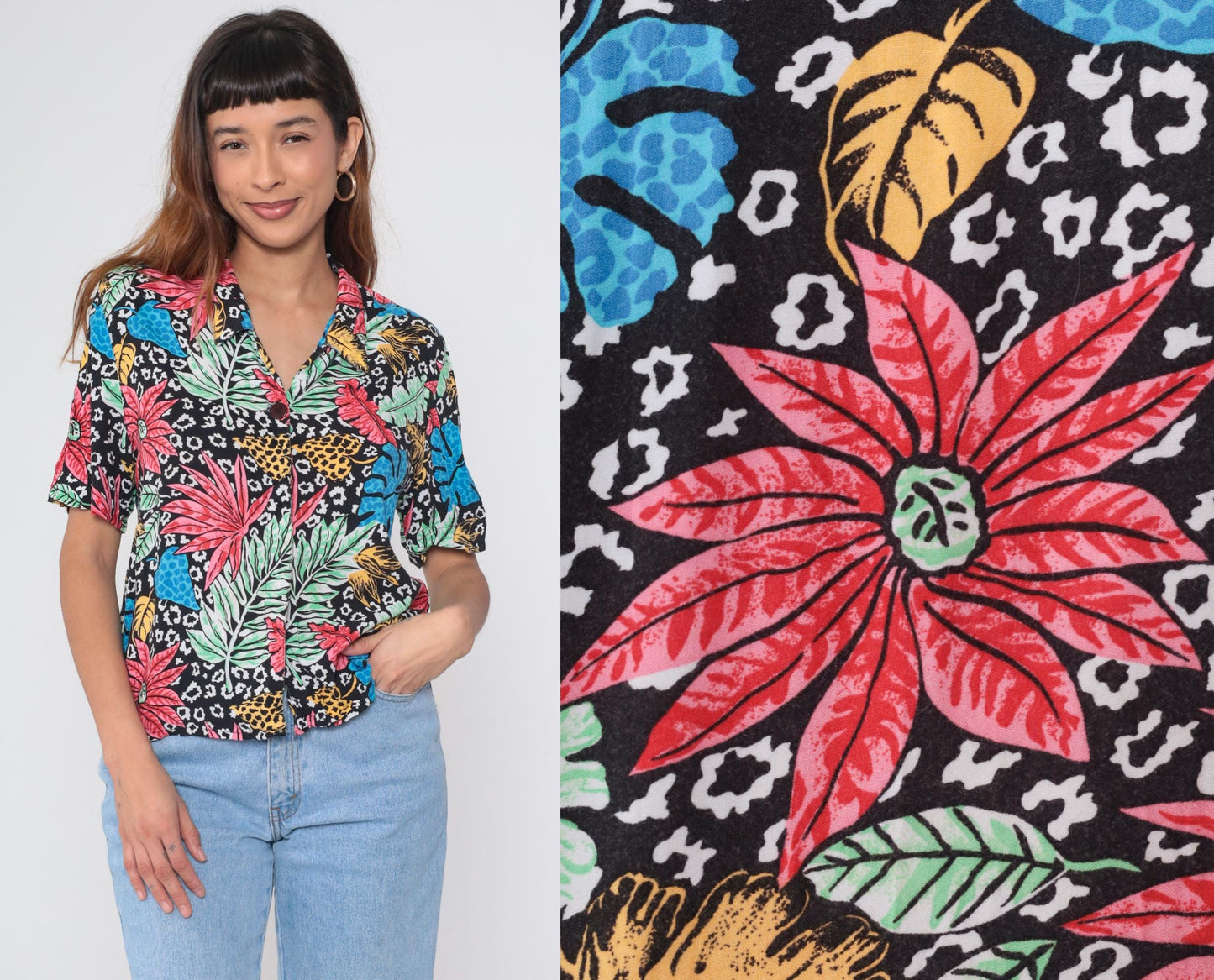 80s Black Hawaiian Shirt Tropical Orchid Floral Rayon Button Up Large