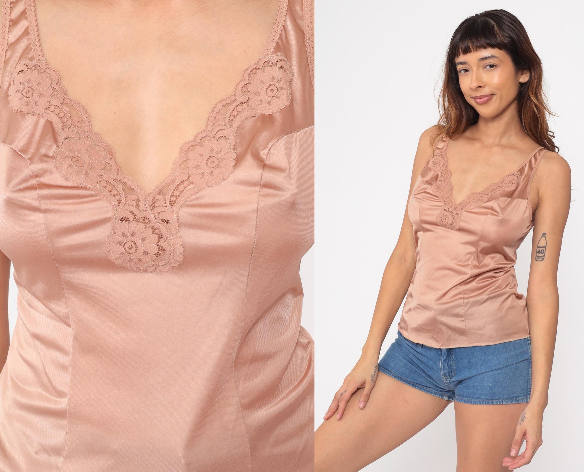 80s Beige Satin Camisole Lace Trim V-Neck Lingerie Tank Small