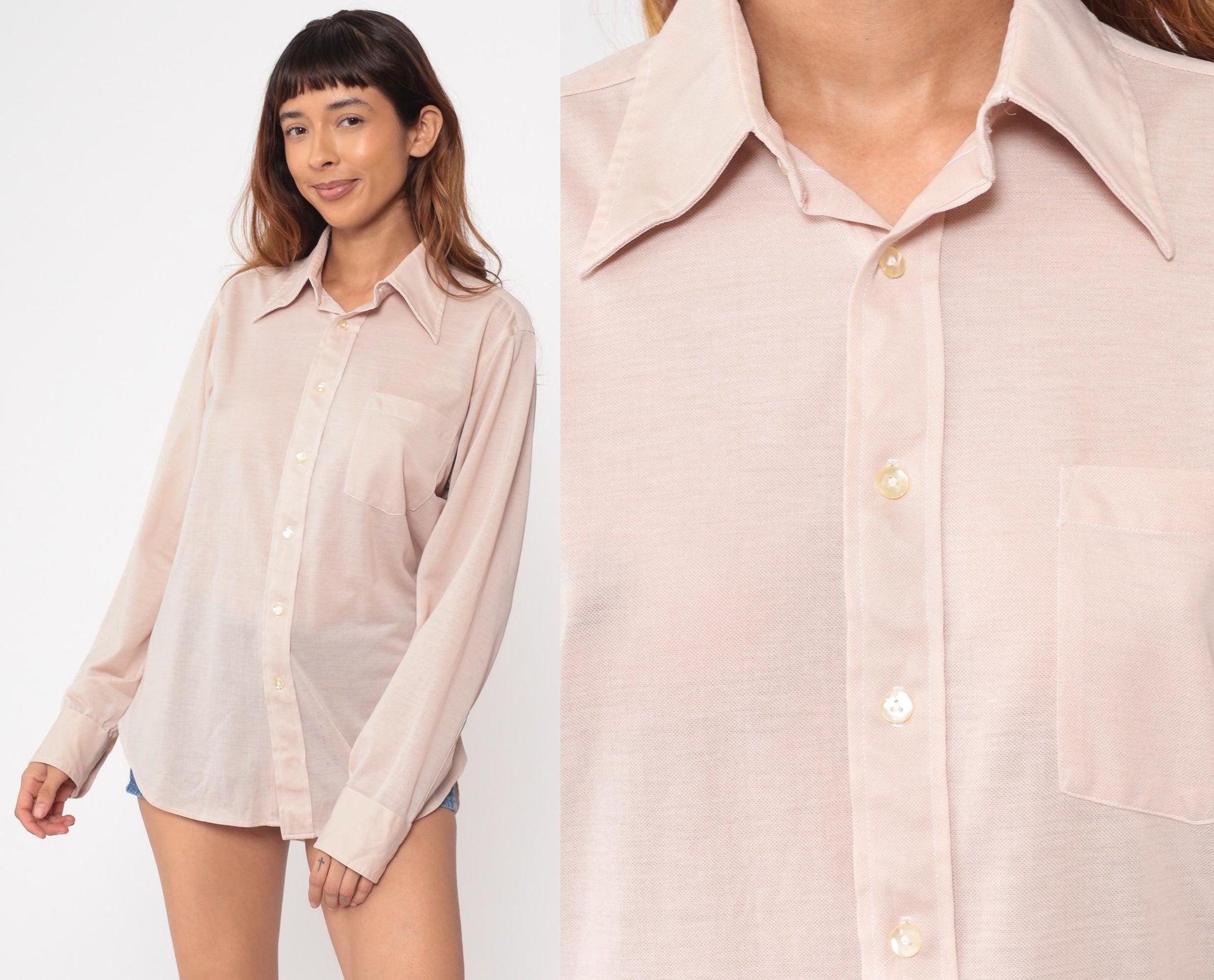 70s I Magnin Tan Button Up Shirt Pointed Collar Long Sleeve Medium M
