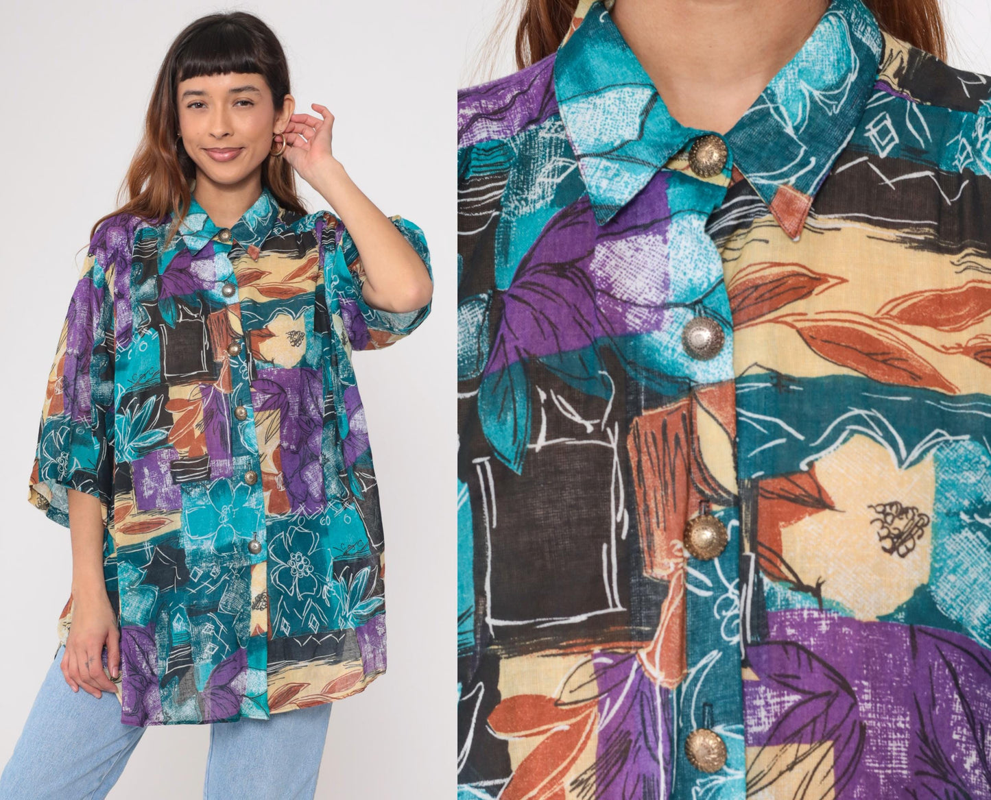 90s Joanna Abstract Watercolor Floral Button Down Blouse Teal Purple Extra Large