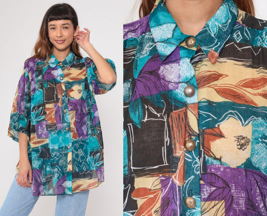 90s Joanna Abstract Watercolor Floral Button Down Blouse Teal Purple Extra Large