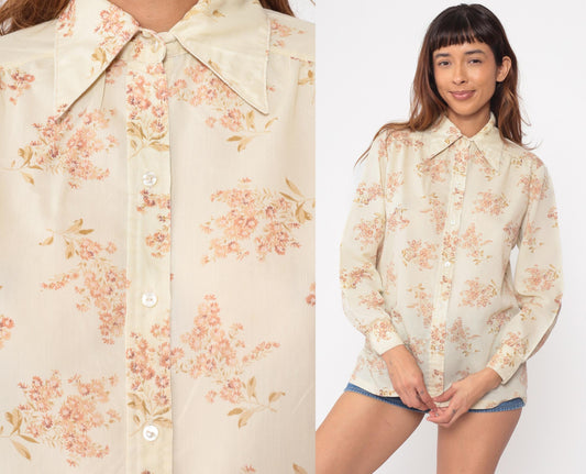 70s Ship n Shore Floral Button-Up Blouse Cream Peach Blossoms Medium M