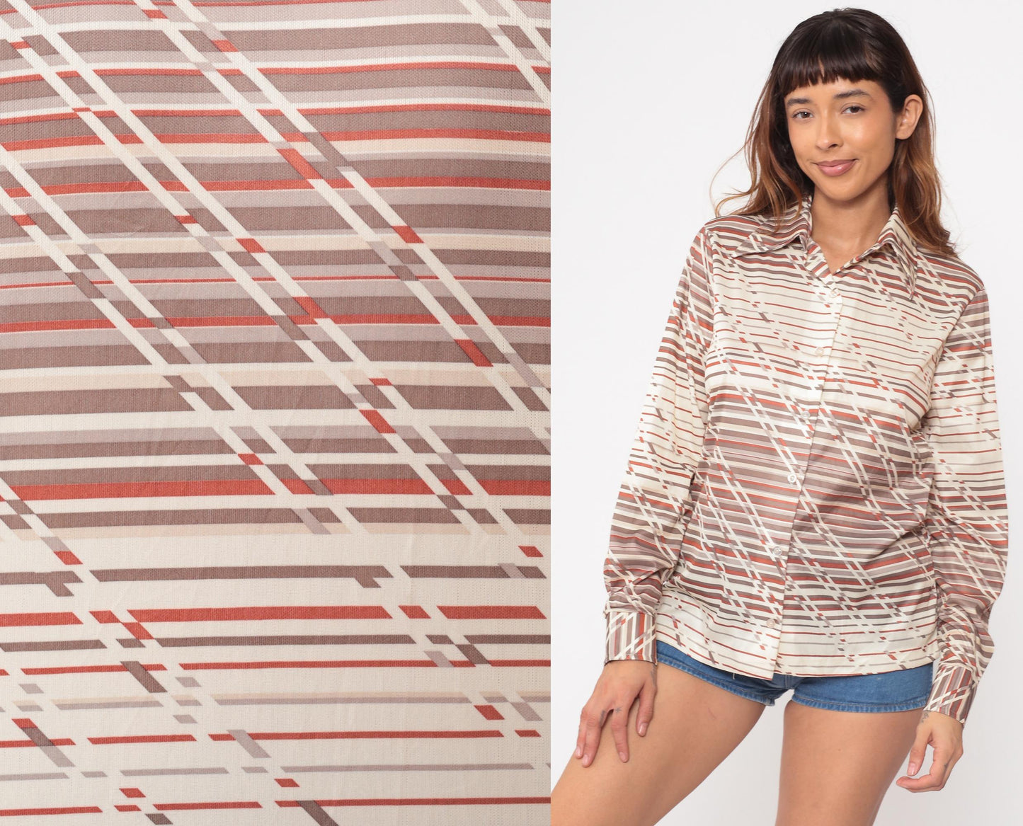 70s Devon Geometric Diagonal Striped Button-Up Shirt Rust Brown Cream Medium
