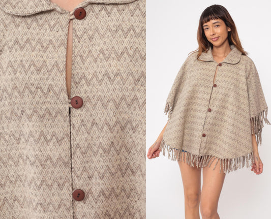 70s Wool Poncho Beige Brown Chevron Fringe Button Collar Cape One Size