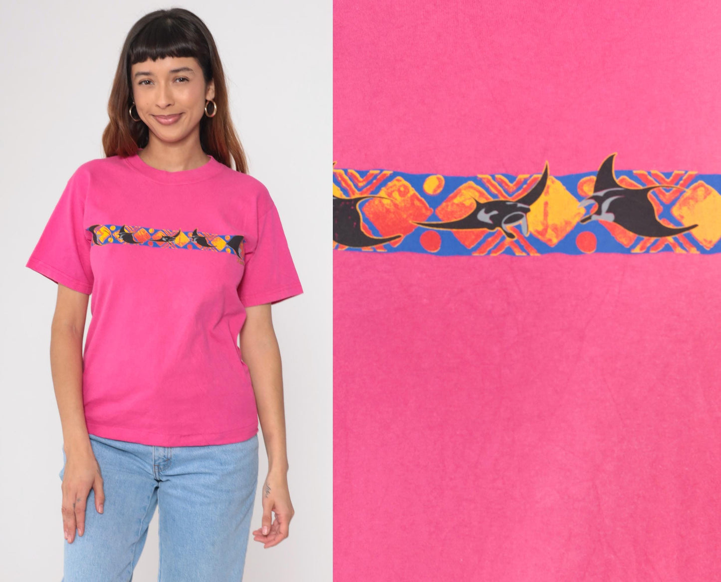 90s Gildan Manta Ray Graphic T-Shirt Hot Pink Cotton Tee Small S