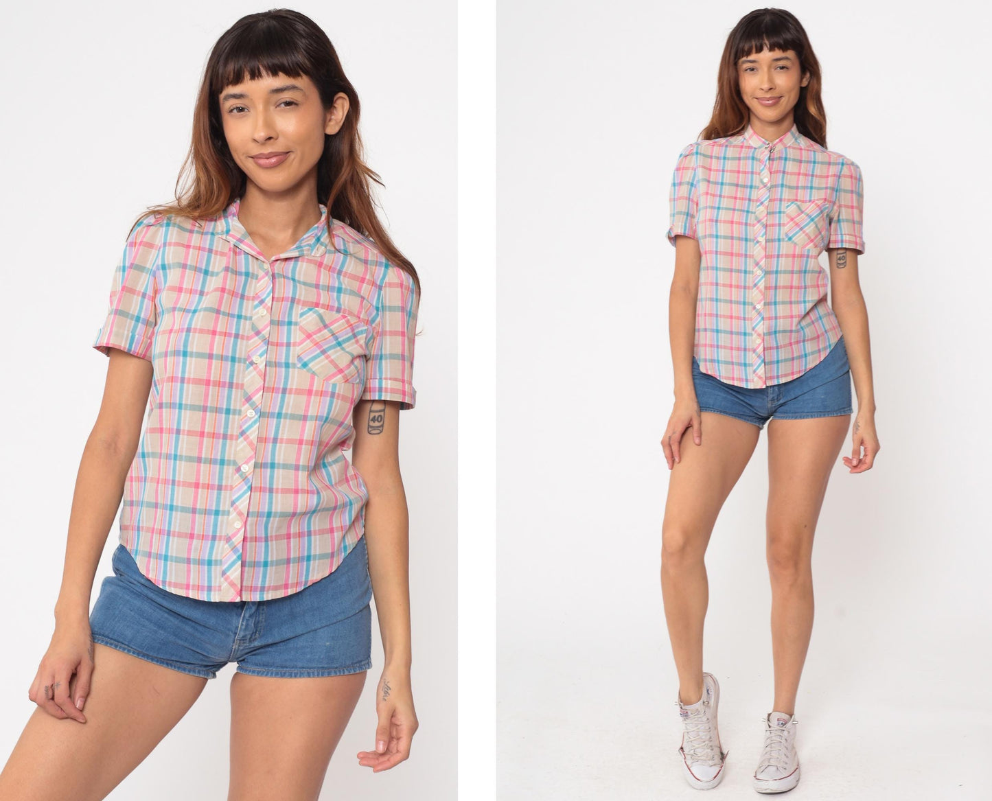 80s Ship n Shore Tan Checkered Button Up Blouse Pink Purple Blue Small S