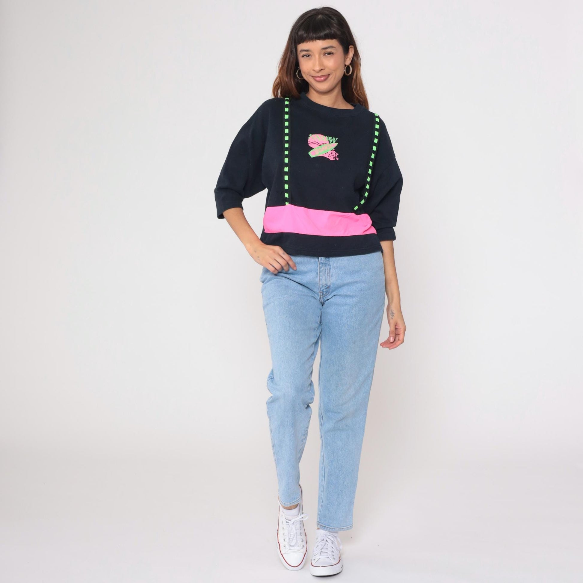 90s Obvious Snowboard Sweatshirt Black Neon Pink Green Cropped Medium M