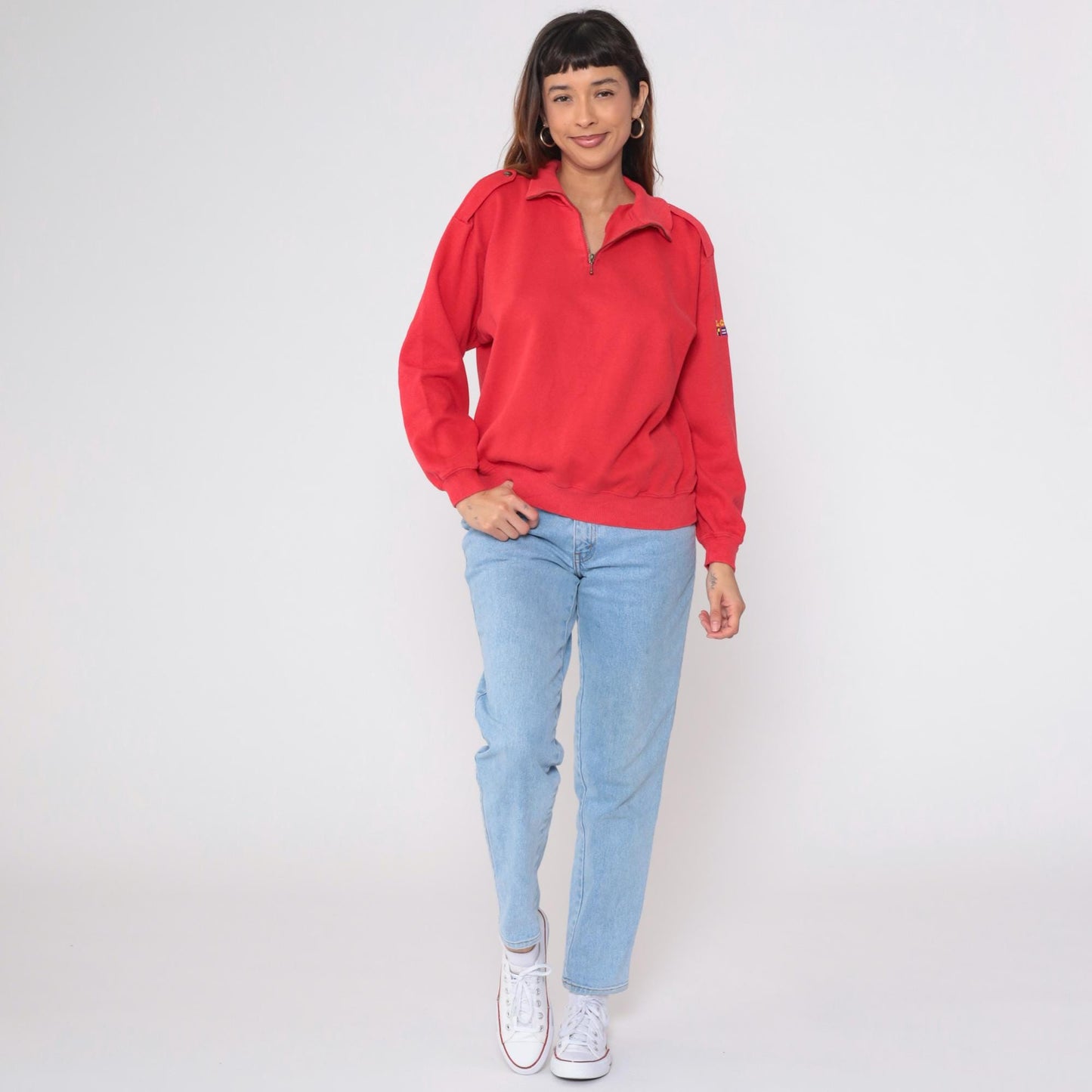 90s Liz Sport Red Quarter Zip Sweatshirt Nautical Flag Embroidery Medium M
