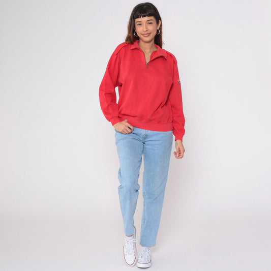 90s Liz Sport Red Quarter Zip Sweatshirt Nautical Flag Embroidery Medium M