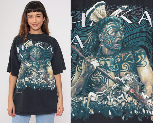 90s Maori Warrior Aotearoa Black Graphic T-Shirt Cotton Taiaha XXL