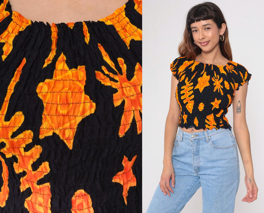 Y2K Shore Line Batik Smocked Crop Top Black Orange Cap Sleeve Small Medium