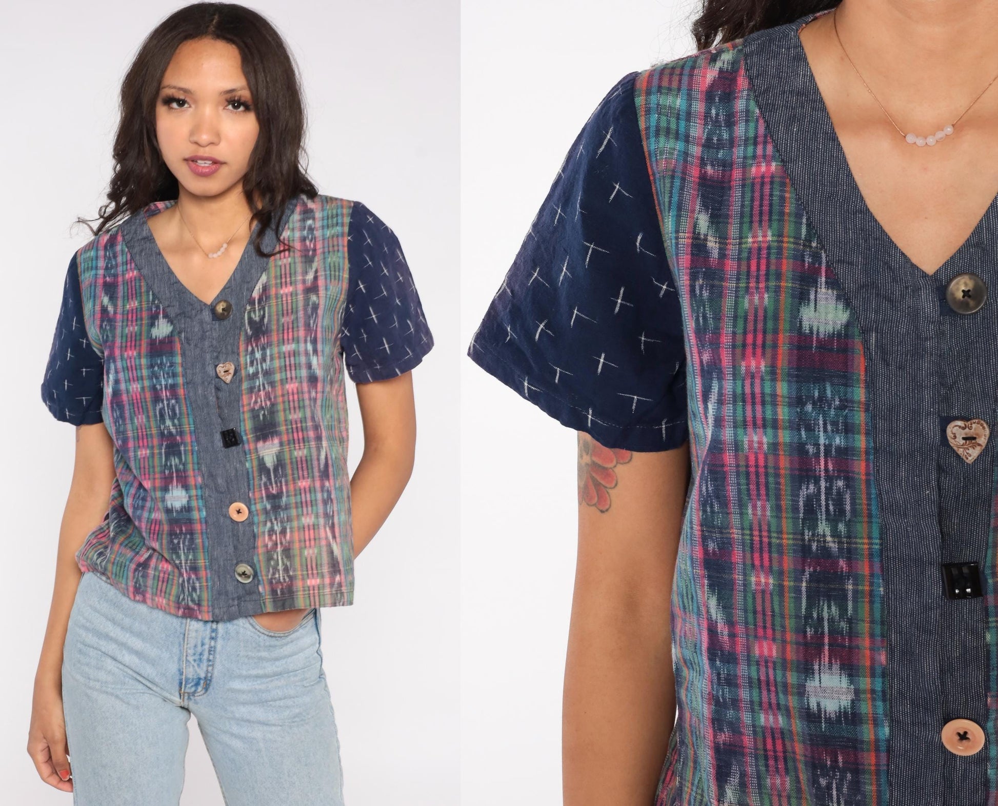 90s Patchwork Button Up Ikat Print Navy Chambray Short Sleeve Small P