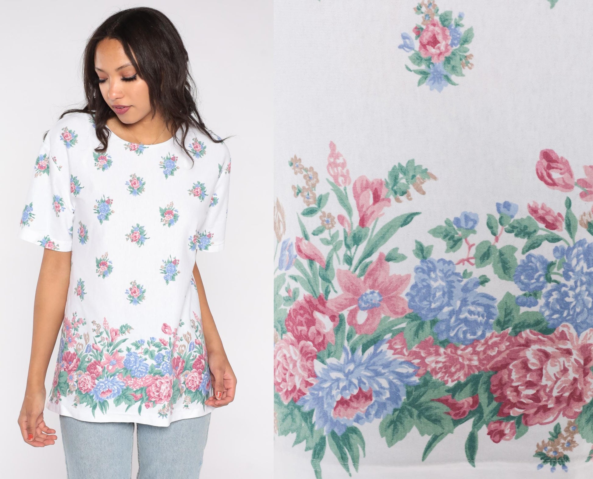 90s Katelyn Rose Floral T-Shirt White Pink Blue Cottage Garden Print Medium