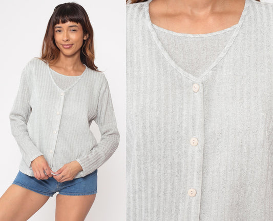 70s Lauren Lee Silver Metallic Cardigan Ribbed Knit Button-Up Small