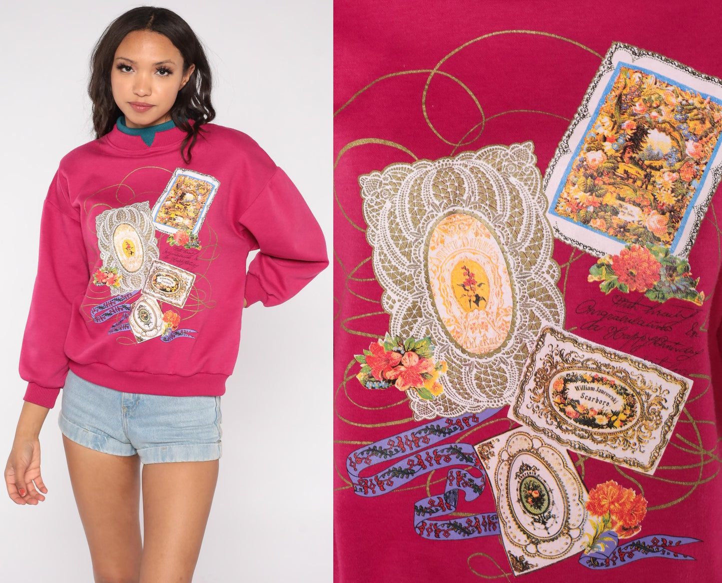 90s Nicco Victorian Floral Frame Sweatshirt Magenta Teal Mock Neck Medium M