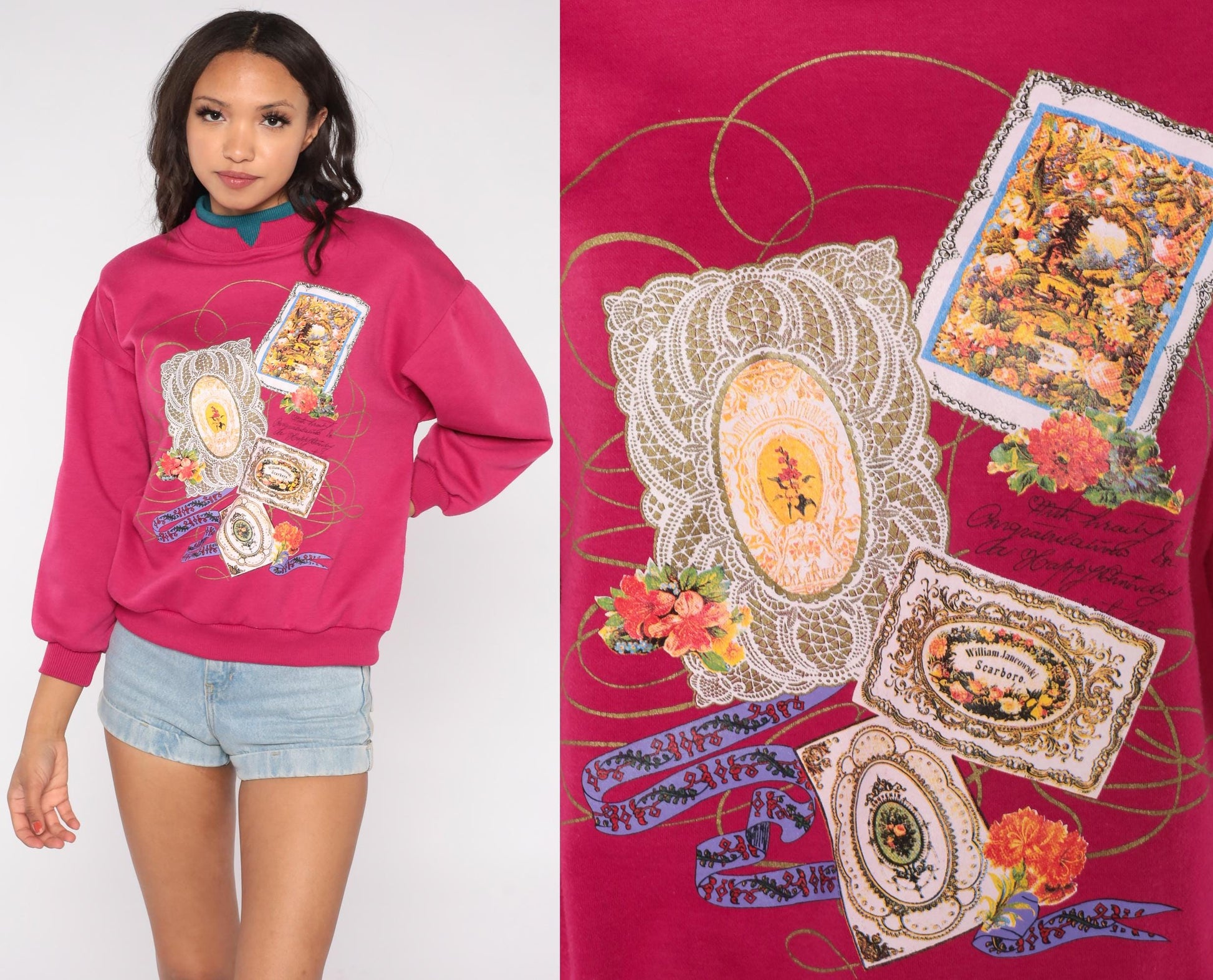 90s Nicco Victorian Floral Frame Sweatshirt Magenta Teal Mock Neck Medium M