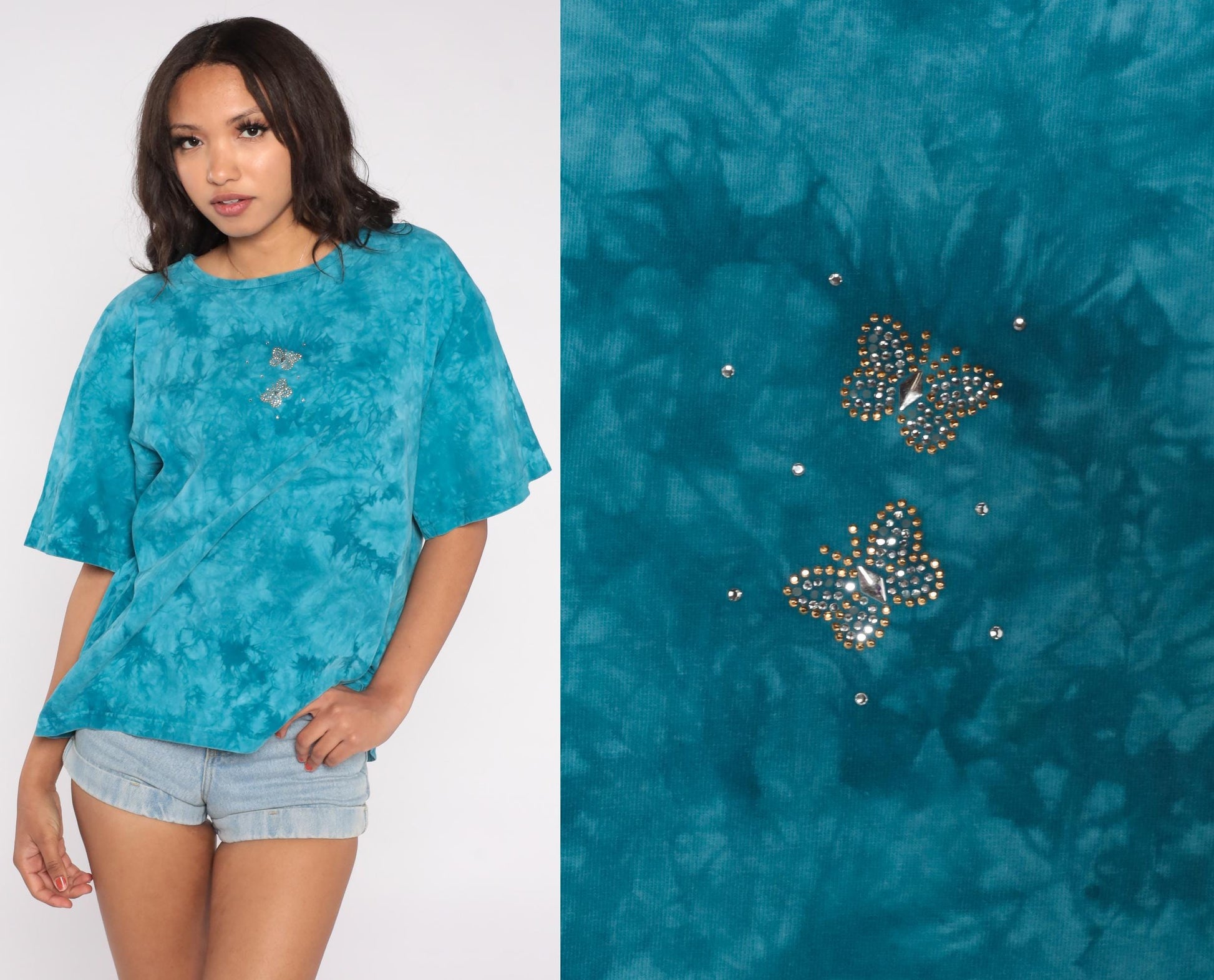 90s Cactus Bay Tie Dye Butterfly T-Shirt Teal Rhinestone Cotton Large L