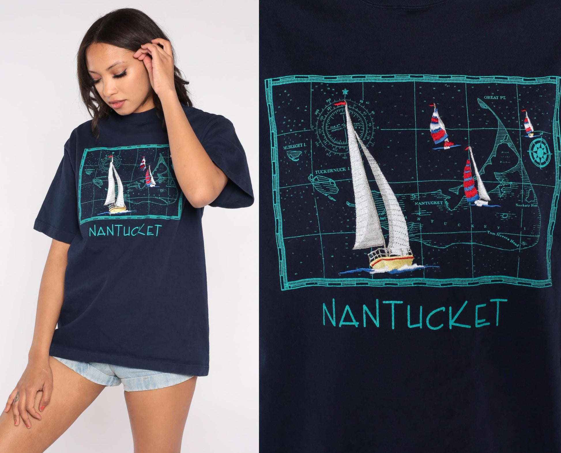 90s Singal Sports Nantucket Nautical Map Embroidered Tee Navy Large L