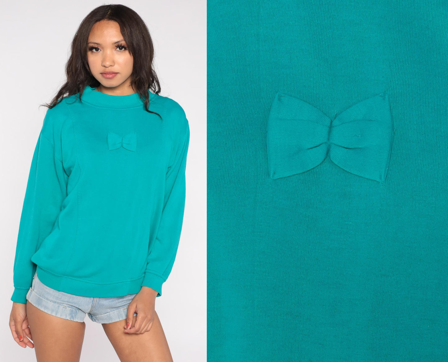 90s Teal Sweatshirt Bow Applique Mock Neck Pullover Medium M