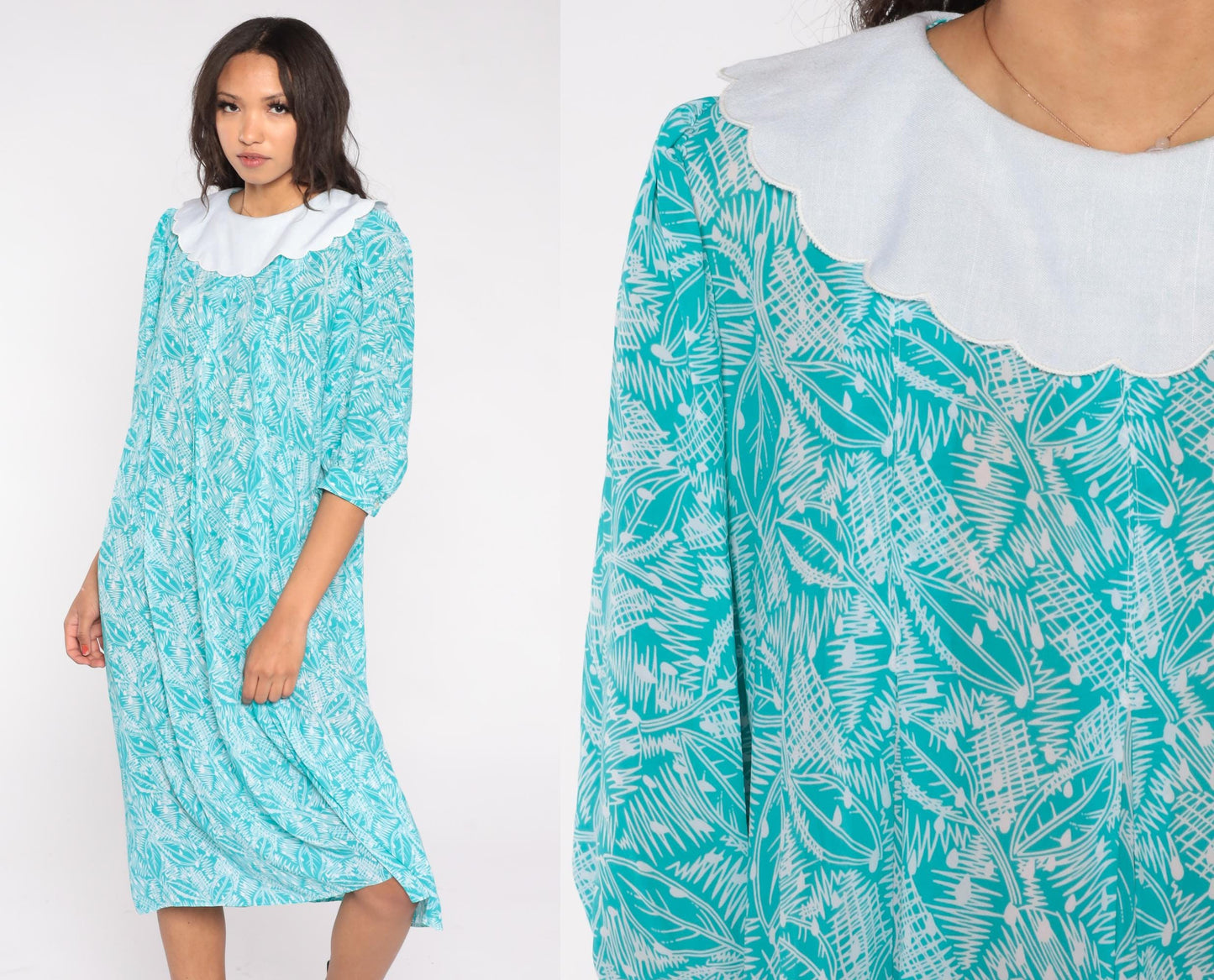 80s Kathryn & Co Leaf Print Midi Dress Teal Peter Pan Collar Puff Sleeve Medium