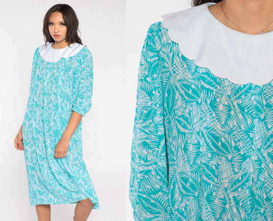 80s Kathryn & Co Leaf Print Midi Dress Teal Peter Pan Collar Puff Sleeve Medium
