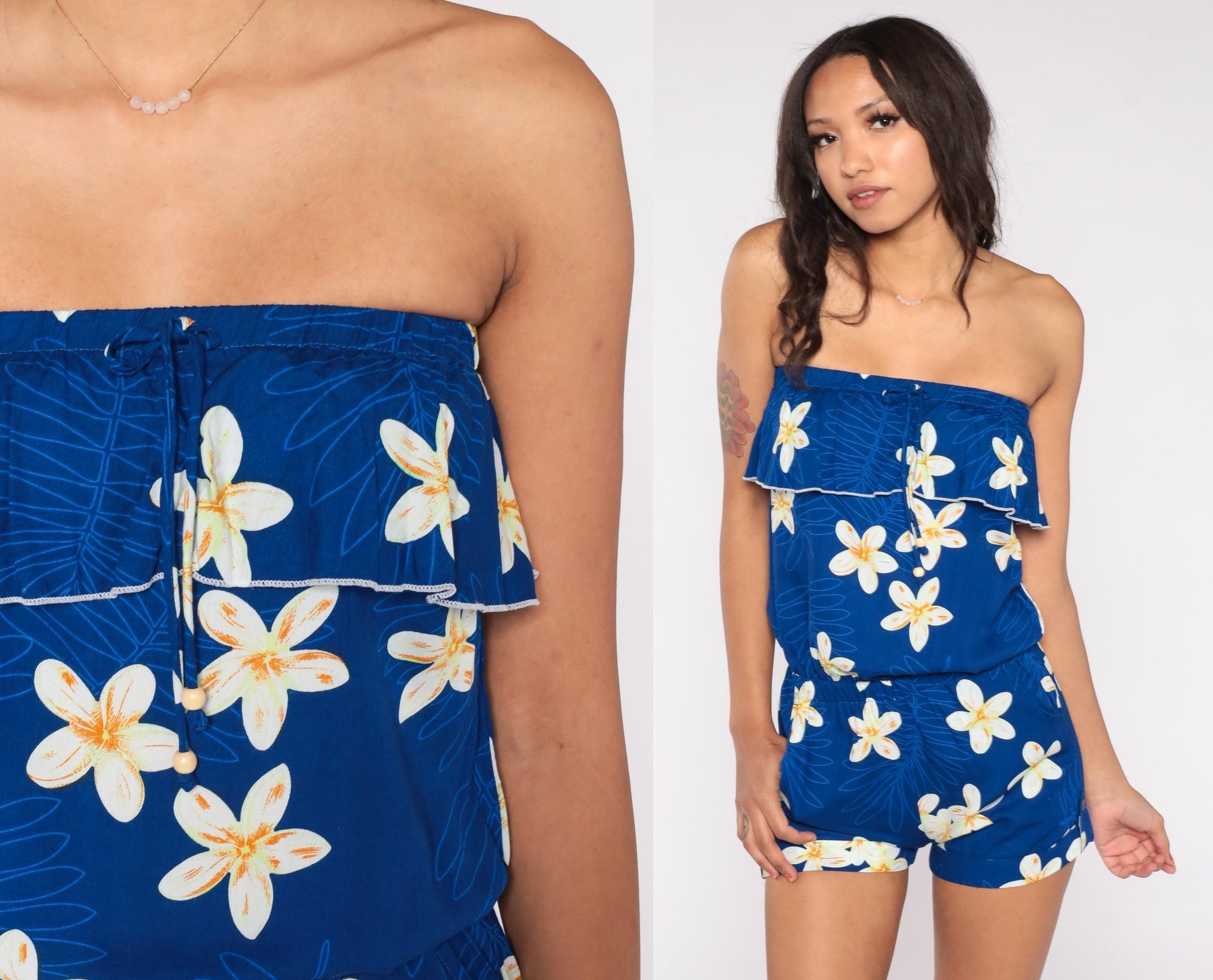 Y2K Favant Hawaii Strapless Romper Blue Floral Plumeria Print Small S