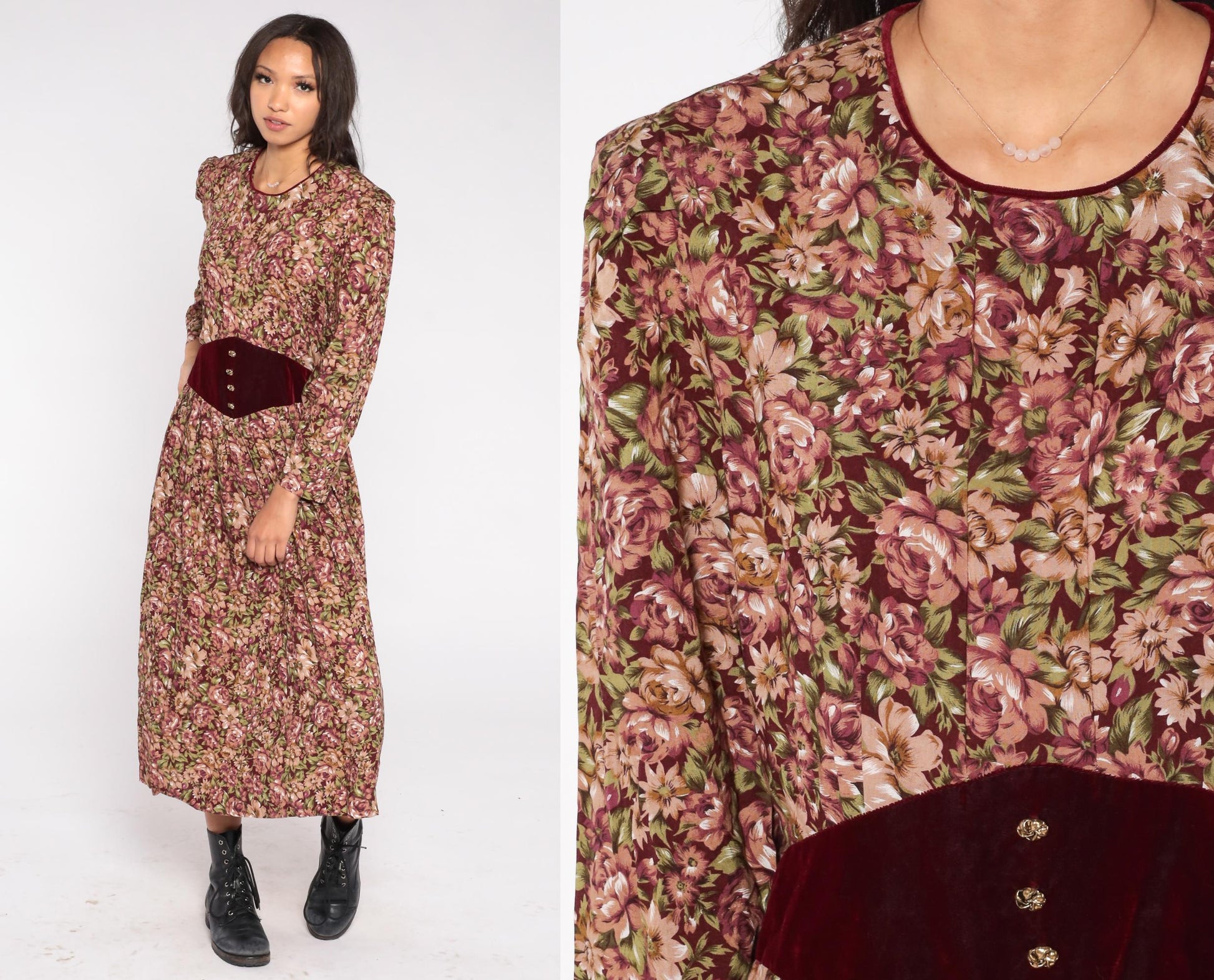 90s Miss Dorby Floral Velvet Midi Dress Burgundy Rose Long Sleeve Large