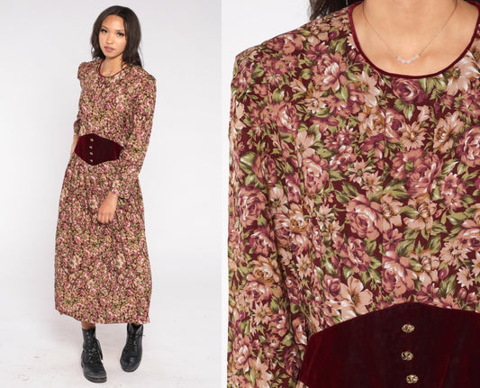 90s Miss Dorby Floral Velvet Midi Dress Burgundy Rose Long Sleeve Large