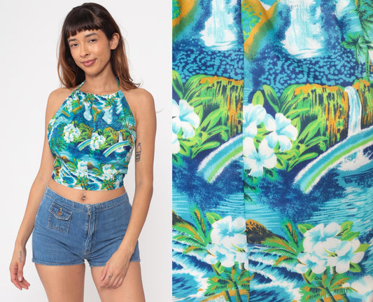 1960s Hawaiian Halter Crop Top Tropical Print Blue White Small S