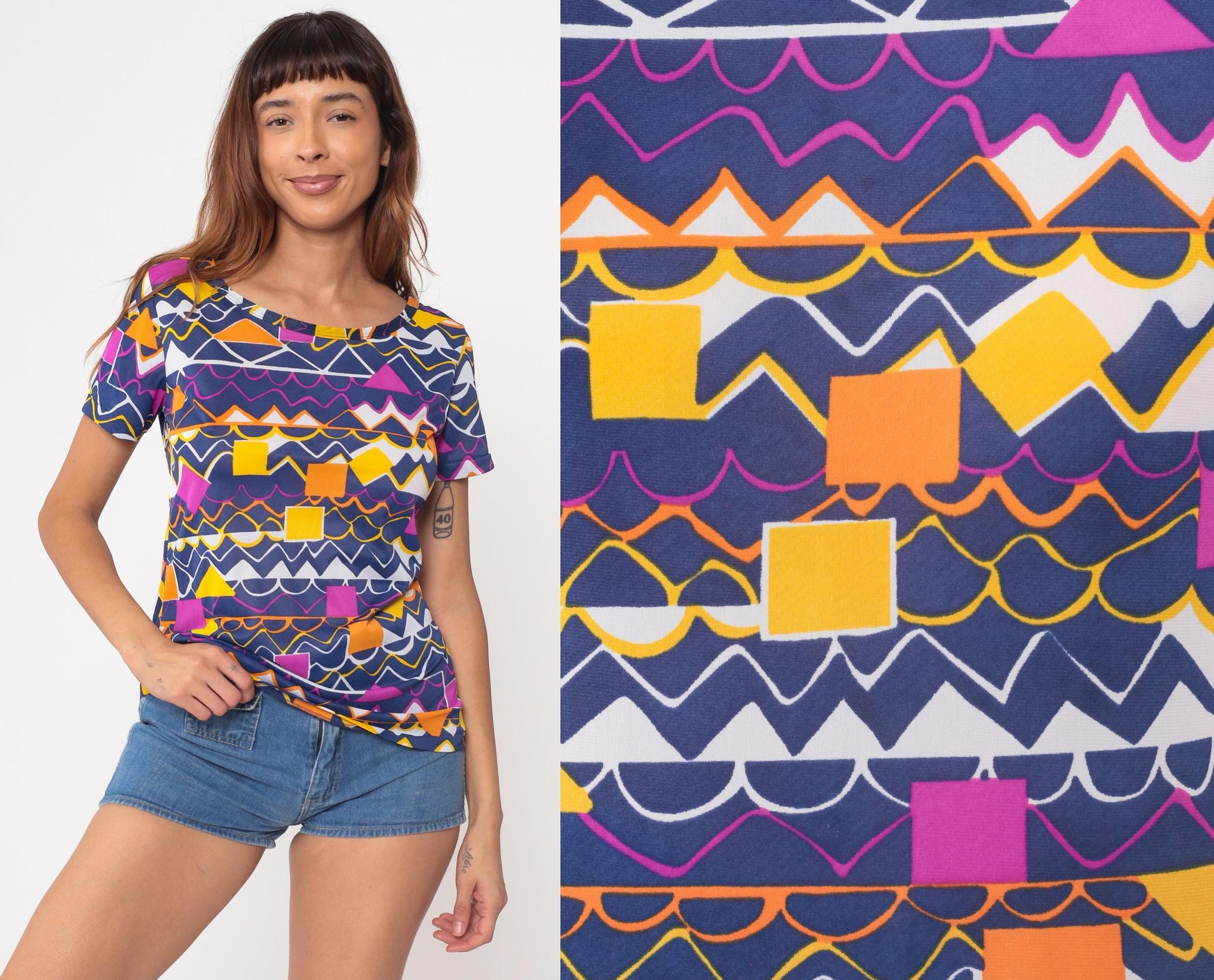 80s Speedo Geometric Top Navy Blue Pink Yellow Abstract Scoop Neck Small