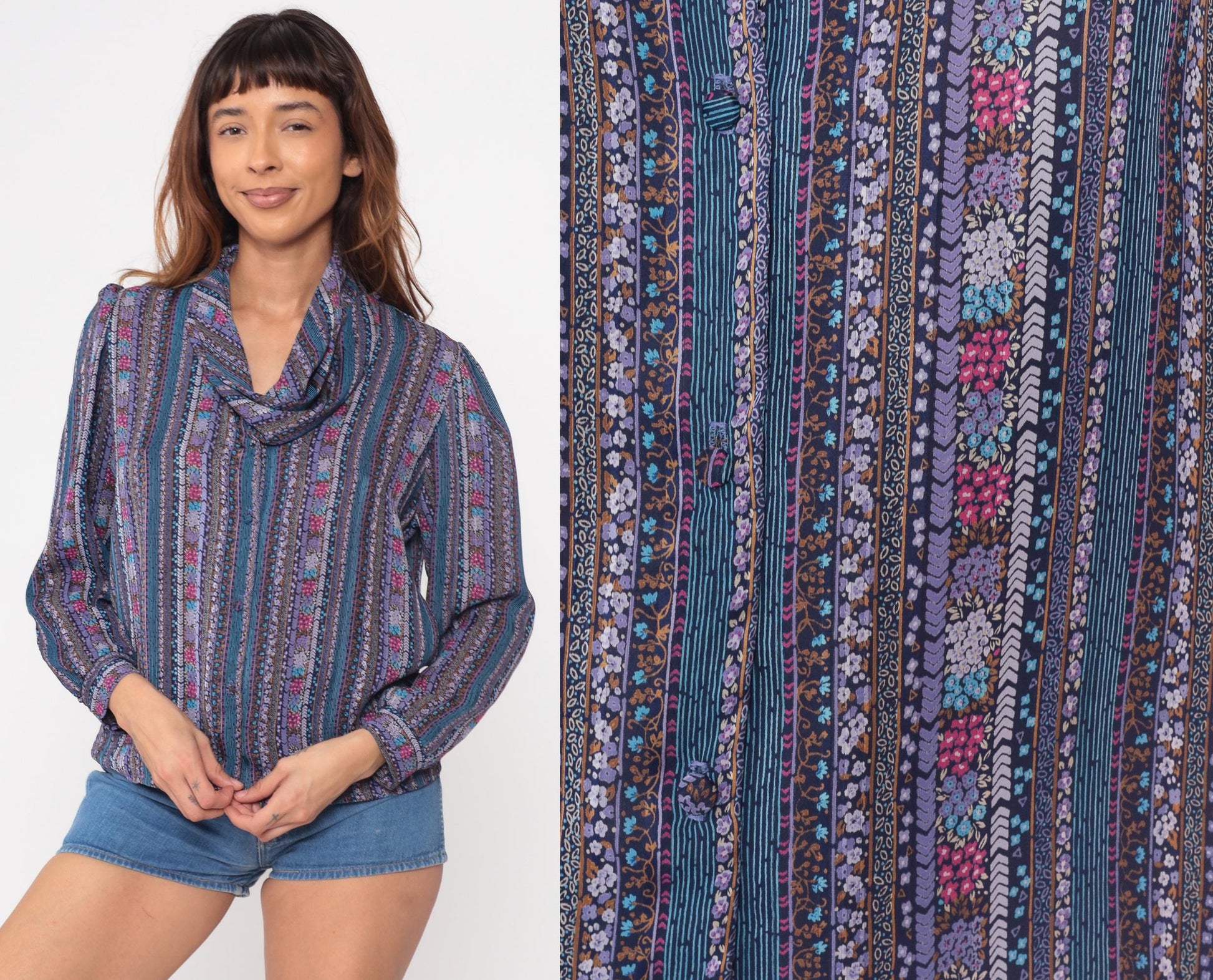 70s Floral Striped Cowl Neck Blouse Purple Blue Pink Long Sleeve Medium