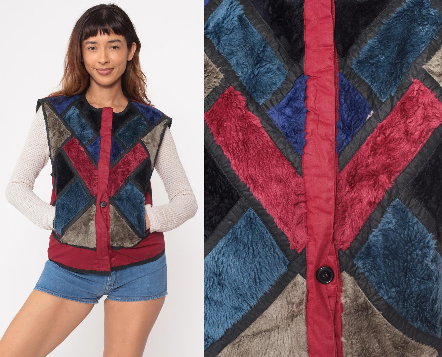 80s Patchwork Faux Fur Vest Burgundy Navy Geometric Colorblock Medium