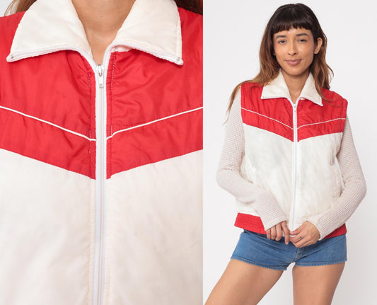80s Red White Puffer Vest Western Yoke Sleeveless Zip Jacket Medium