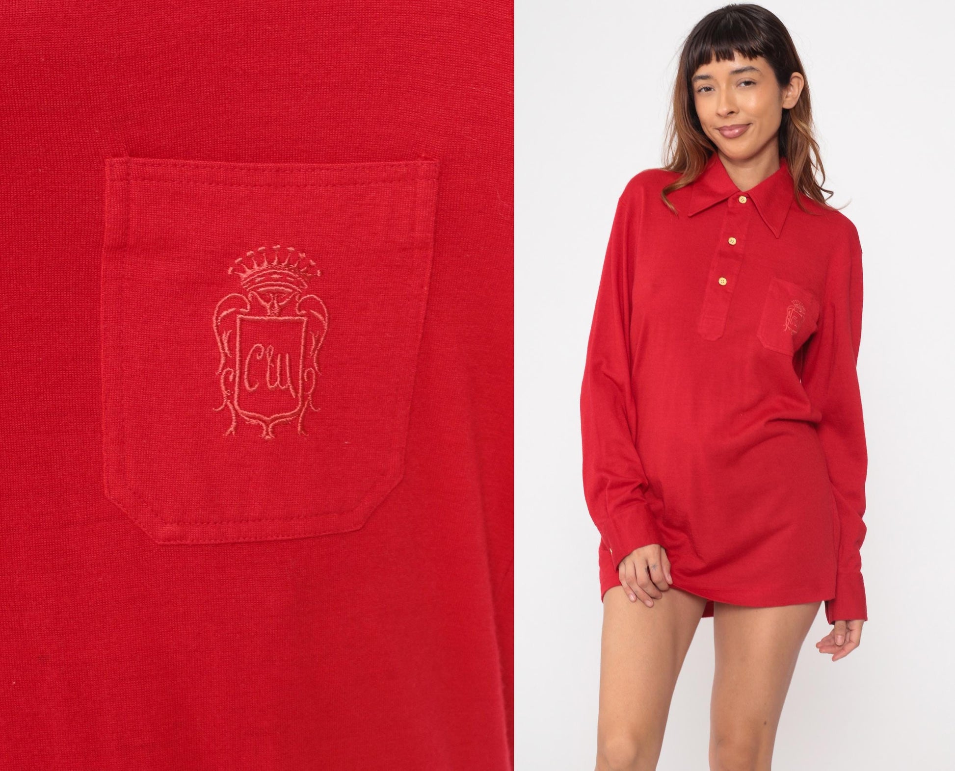 70s Countess Mara Red Polo Shirt Gold Buttons Embroidered Crest Large L