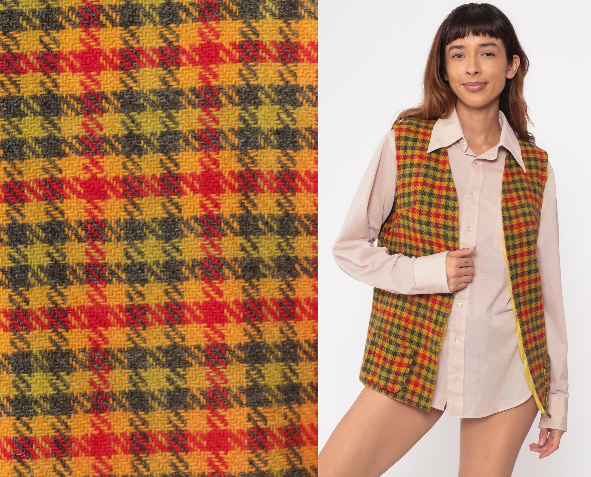 70s Plaid Wool Vest Mustard Red Green Tartan Check Small S