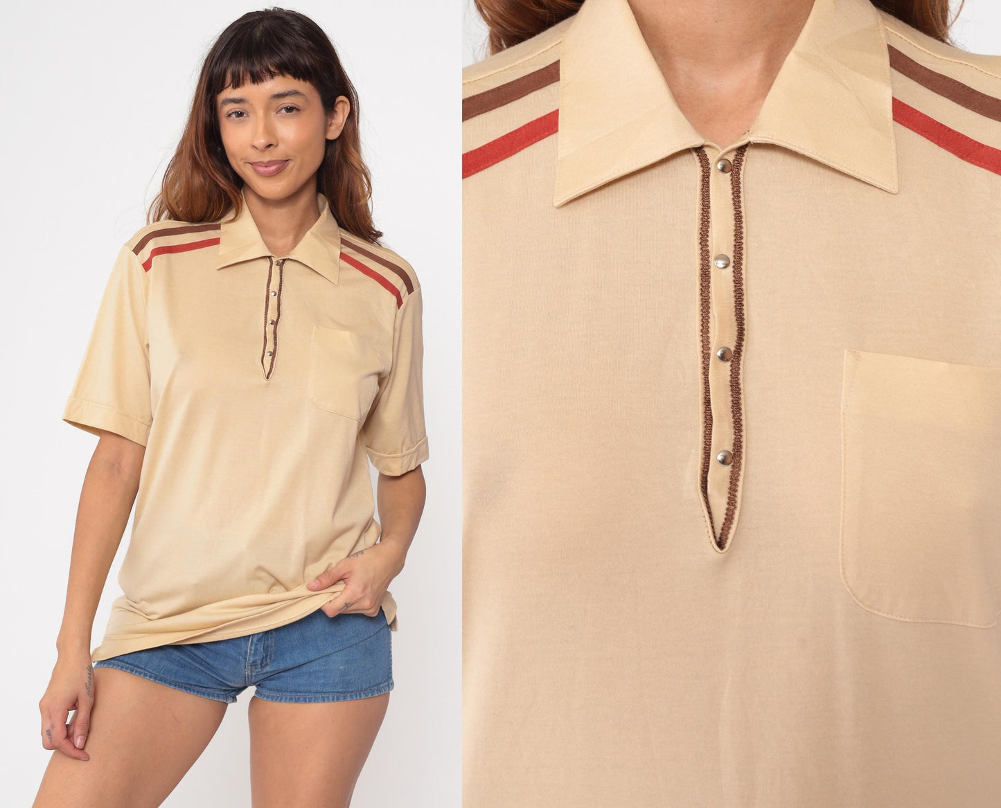 80s Davila Polo Shirt Beige Red Brown Striped Shoulder Medium