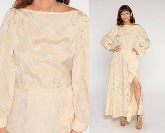 70s Cream Satin Maxi Dress Embroidered Ruffle Slit Bishop Sleeves Small